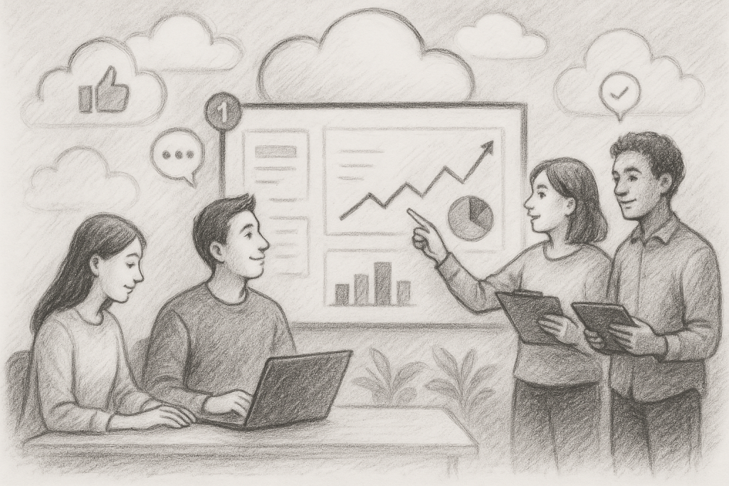 Illustration of team planning content in a cloud-based frameworks setting, with a relaxed mood.