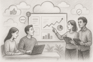 Illustration of team planning content in a cloud-based frameworks setting, with a relaxed mood.