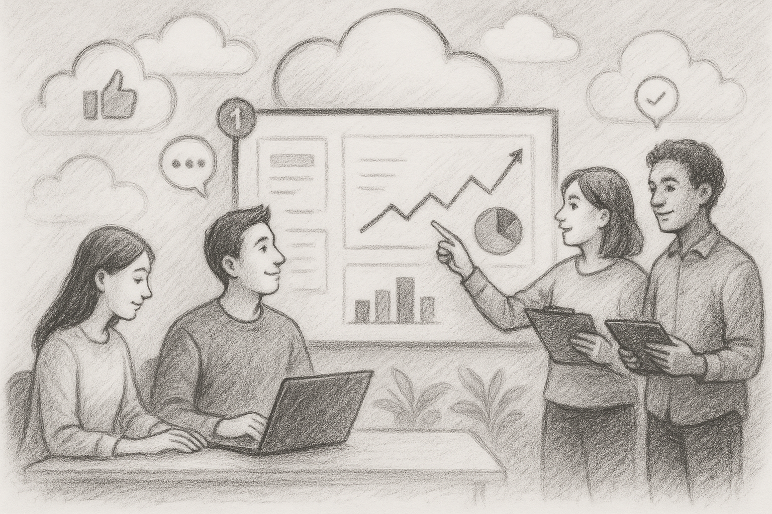 Illustration of team planning content in a cloud-based frameworks setting, with a relaxed mood.