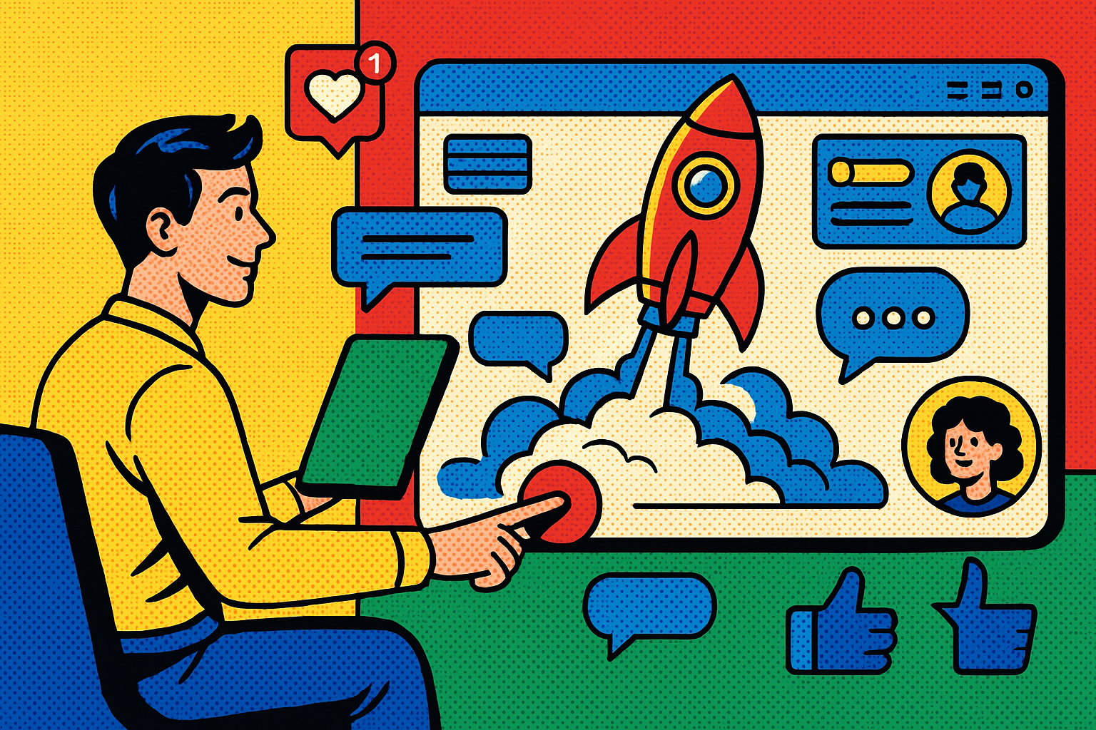 Illustration of individual launching campaign in a digital dashboard interface setting, with a relaxed mood.