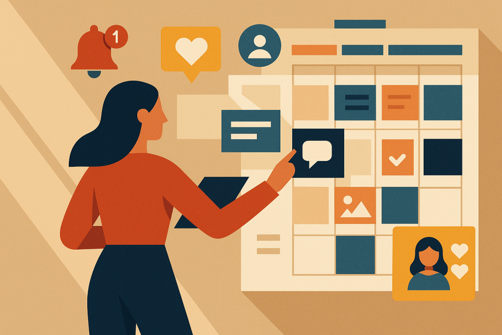 Illustration of marketer scheduling content in a sunlit content strategy wall setting, with a inspired mood.