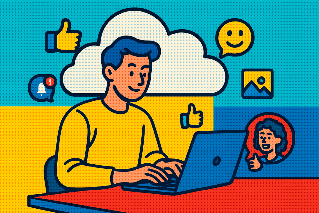 Illustration of person typing on laptop in a cloud-based frameworks setting, with a relaxed mood.