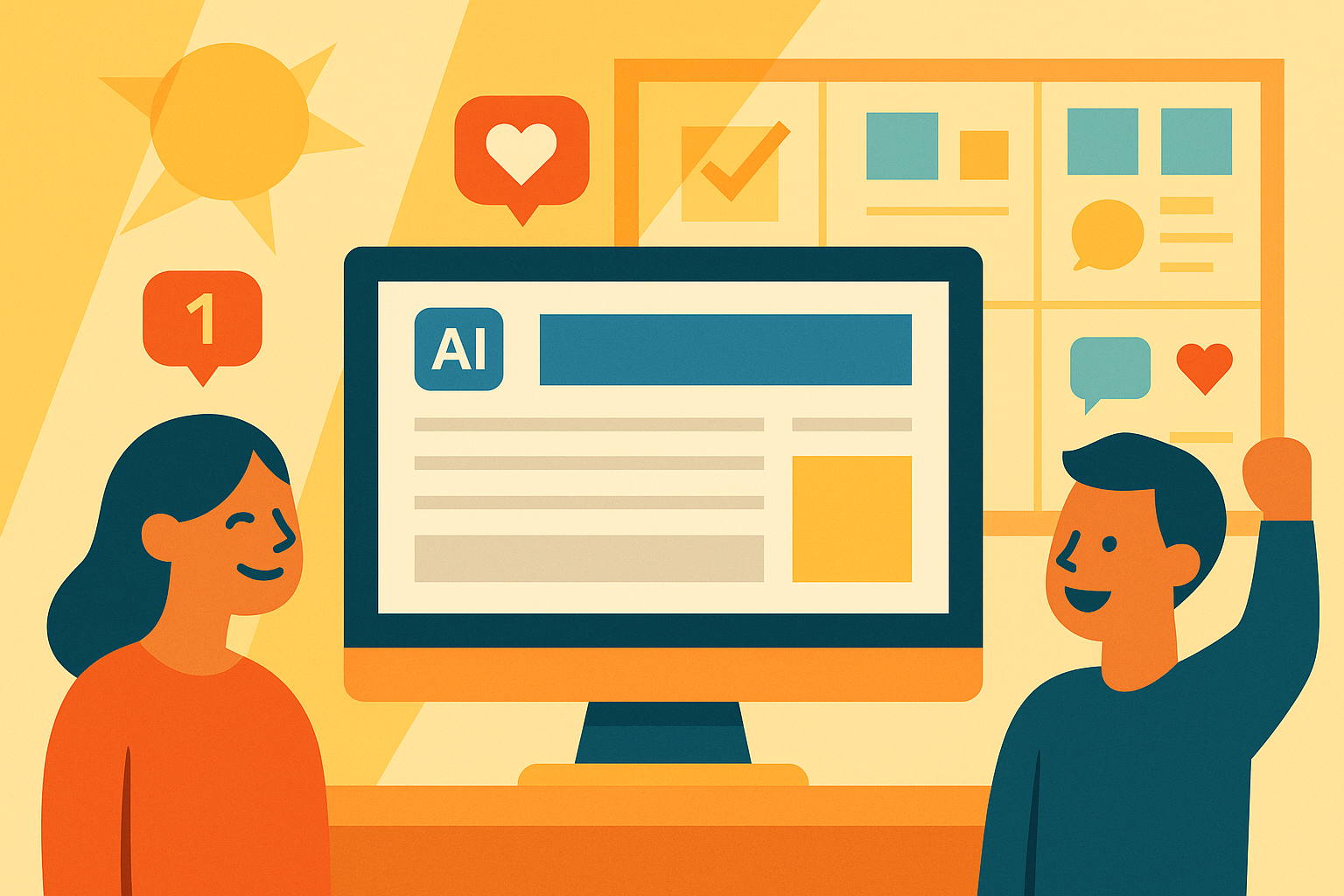 Illustration of computer screen with ai-generated article in a sunlit content strategy wall setting, with a happy mood.