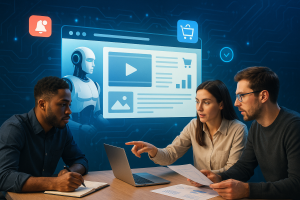 Illustration of team planning content in a abstract tech patterns setting, with a focused mood.