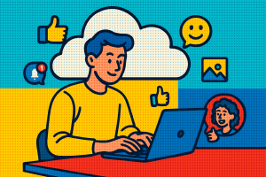 Illustration of person typing on laptop in a cloud-based frameworks setting, with a relaxed mood.