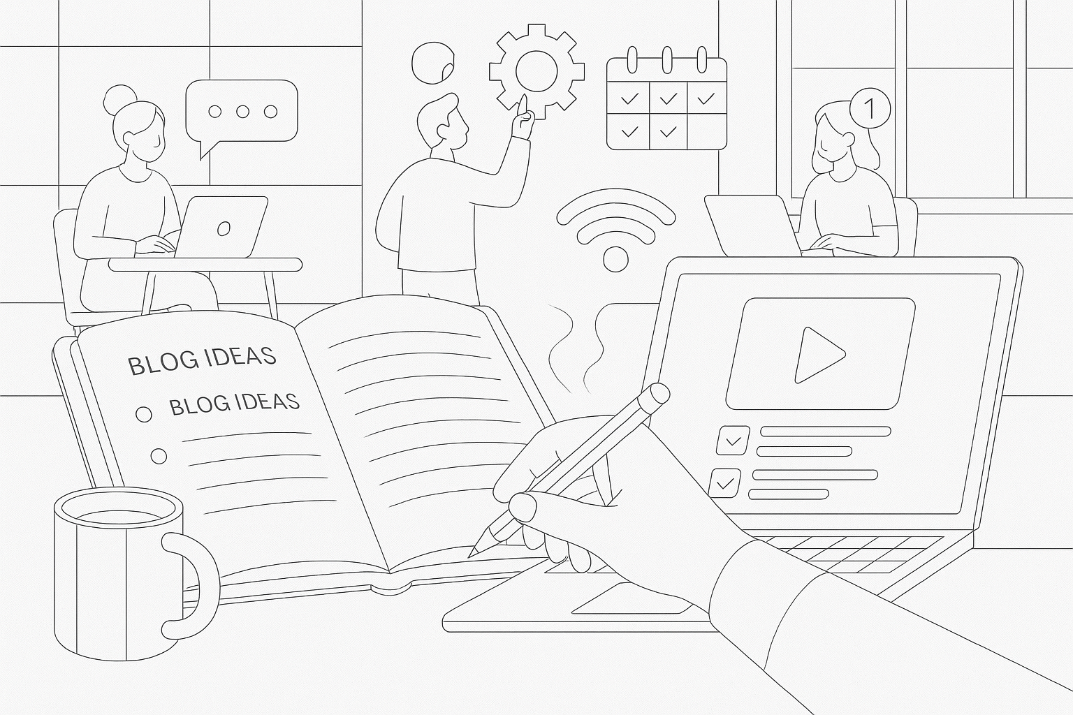 Illustration of open notebook with blog ideas in a modern co-working spaces setting, with a creative mood.