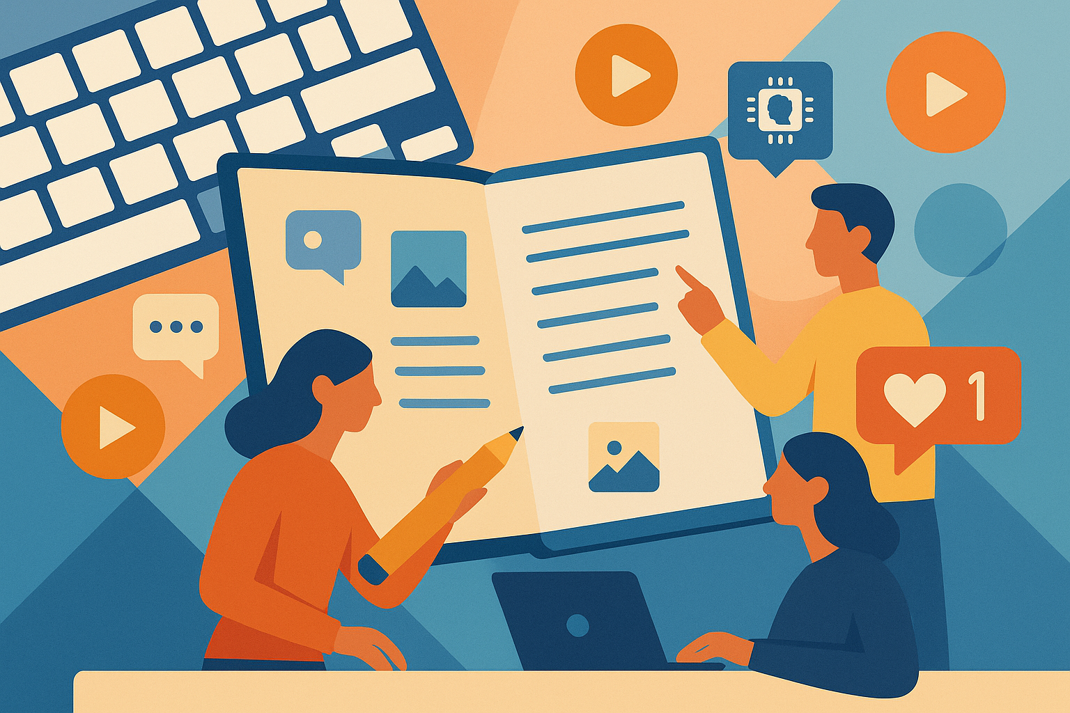 Illustration of team planning content in a keyboard and notebook flatlay setting, with a inspired mood.