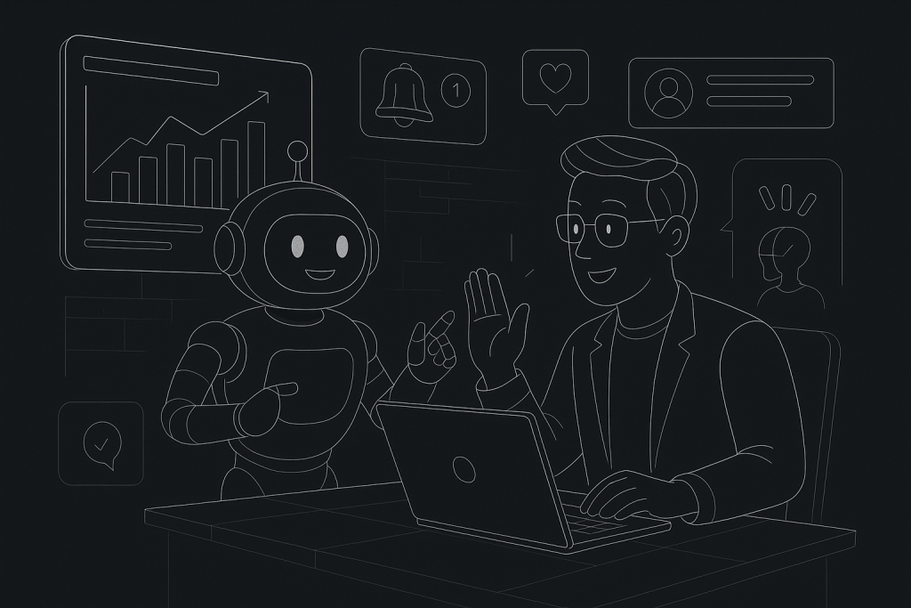 Illustration of ai bot assisting marketer in a dark mode user interface setting, with a inspired mood.