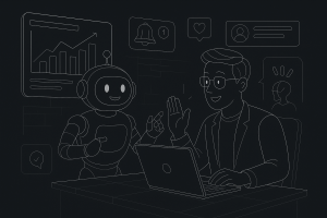 Illustration of ai bot assisting marketer in a dark mode user interface setting, with a inspired mood.
