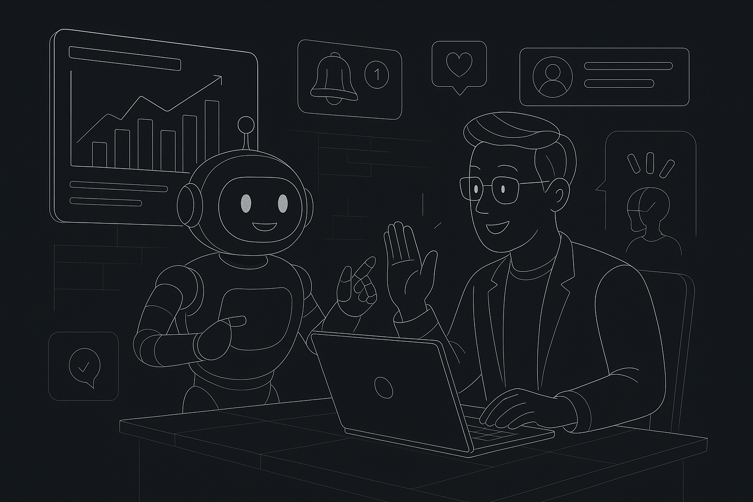 Illustration of ai bot assisting marketer in a dark mode user interface setting, with a inspired mood.