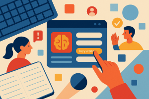 Illustration of user selecting keywords in a keyboard and notebook flatlay setting, with a focused mood.