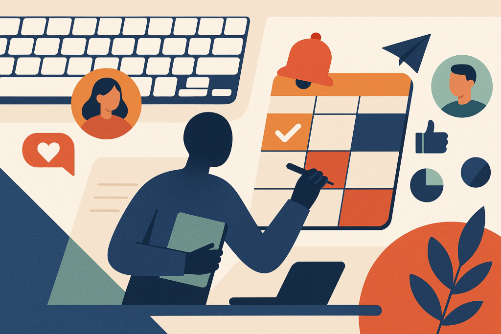 Illustration of marketer scheduling content in a keyboard and notebook flatlay setting, with a creative mood.