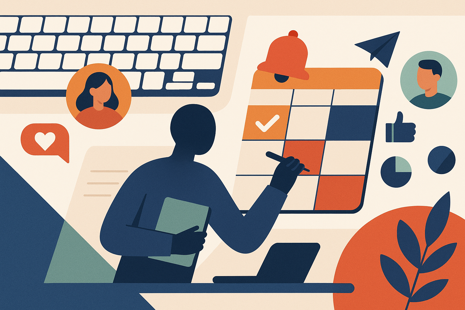 Illustration of marketer scheduling content in a keyboard and notebook flatlay setting, with a creative mood.
