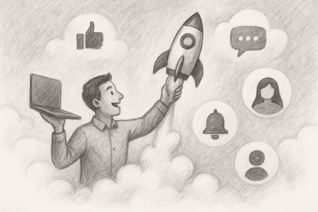 Illustration of individual launching campaign in a cloud-based frameworks setting, with a inspired mood.