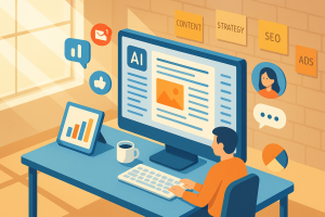 Illustration of computer screen with ai-generated article in a sunlit content strategy wall setting, with a focused mood.