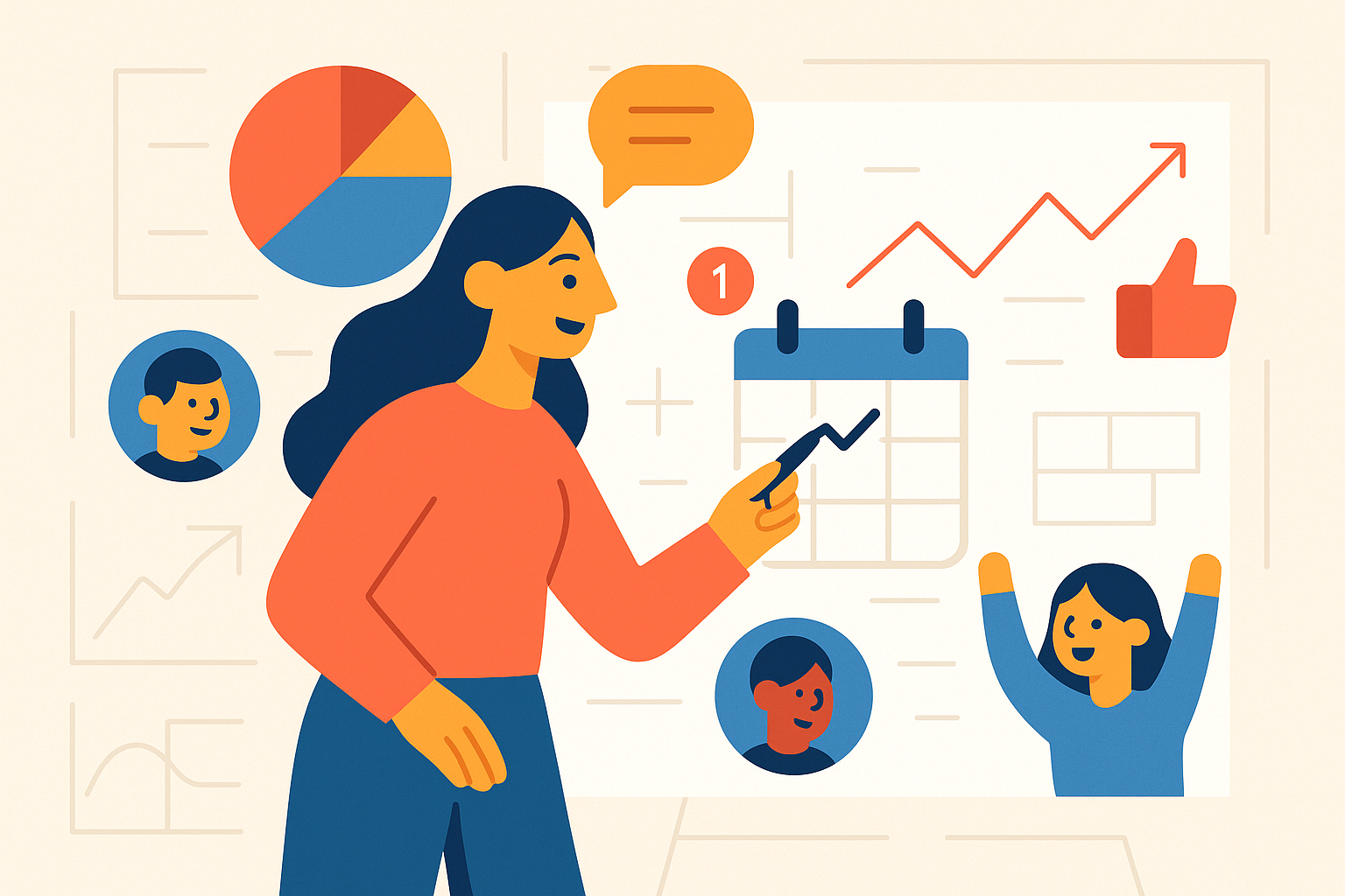 Illustration of marketer scheduling content in a whiteboard workflow sketches setting, with a inspired mood.