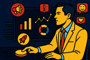 Illustration of individual launching campaign in a dark mode user interface setting, with a determined mood.