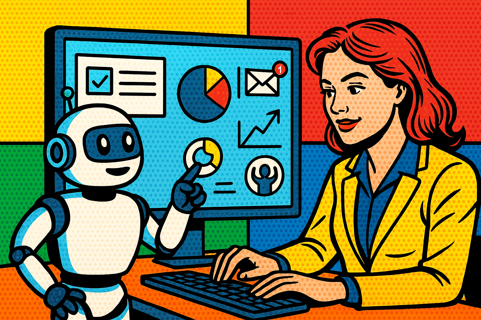 Illustration of ai bot assisting marketer in a digital dashboard interface setting, with a determined mood.