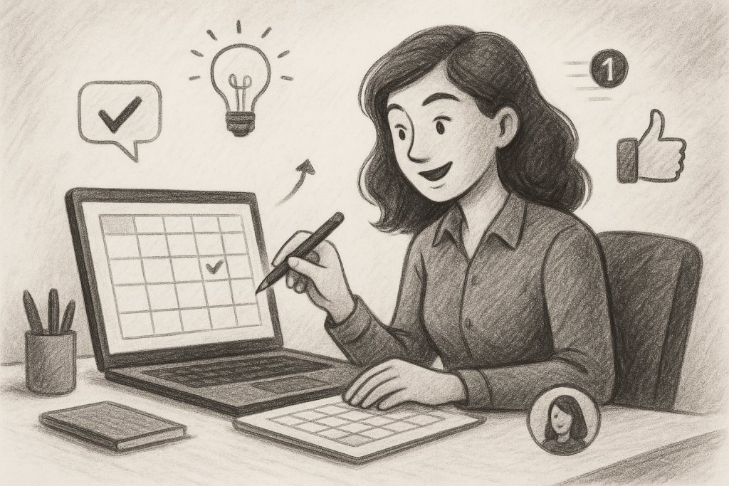 Illustration of marketer scheduling content in a minimal office desk setting, with a inspired mood.