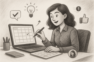 Illustration of marketer scheduling content in a minimal office desk setting, with a inspired mood.