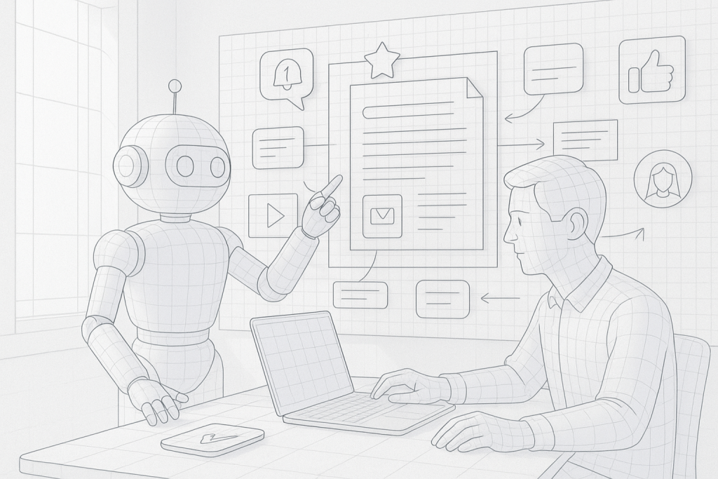 Illustration of ai bot assisting marketer in a sunlit content strategy wall setting, with a focused mood.