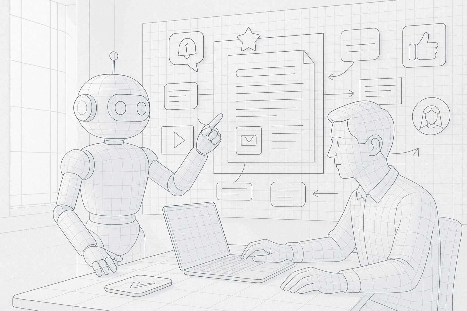 Illustration of ai bot assisting marketer in a sunlit content strategy wall setting, with a focused mood.