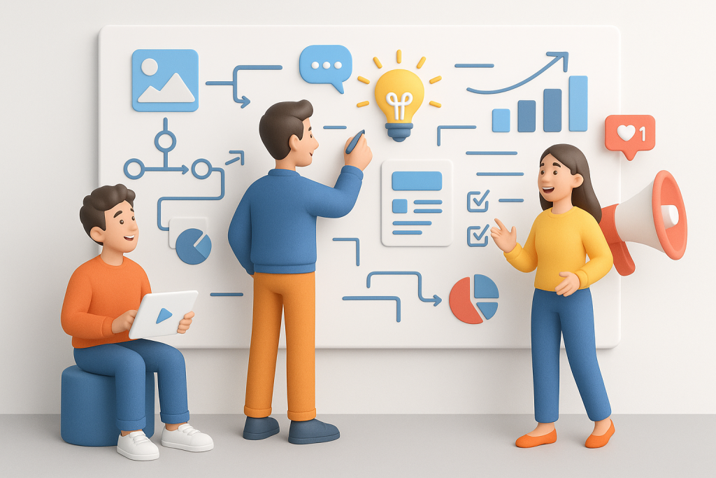 Illustration of team planning content in a whiteboard workflow sketches setting, with a inspired mood.