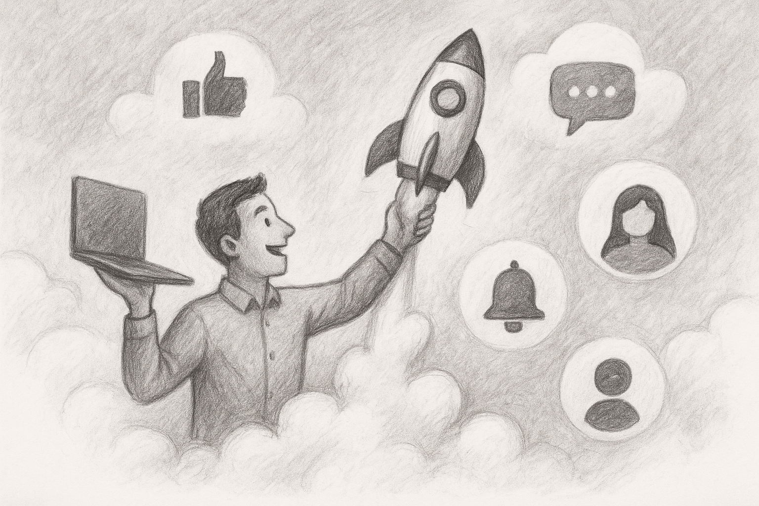 Illustration of individual launching campaign in a cloud-based frameworks setting, with a inspired mood.