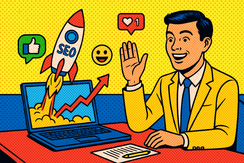 Illustration of individual launching campaign in a minimal office desk setting, with a happy mood.