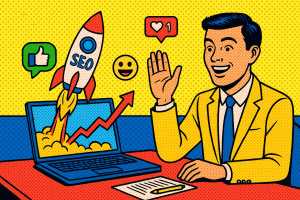 Illustration of individual launching campaign in a minimal office desk setting, with a happy mood.