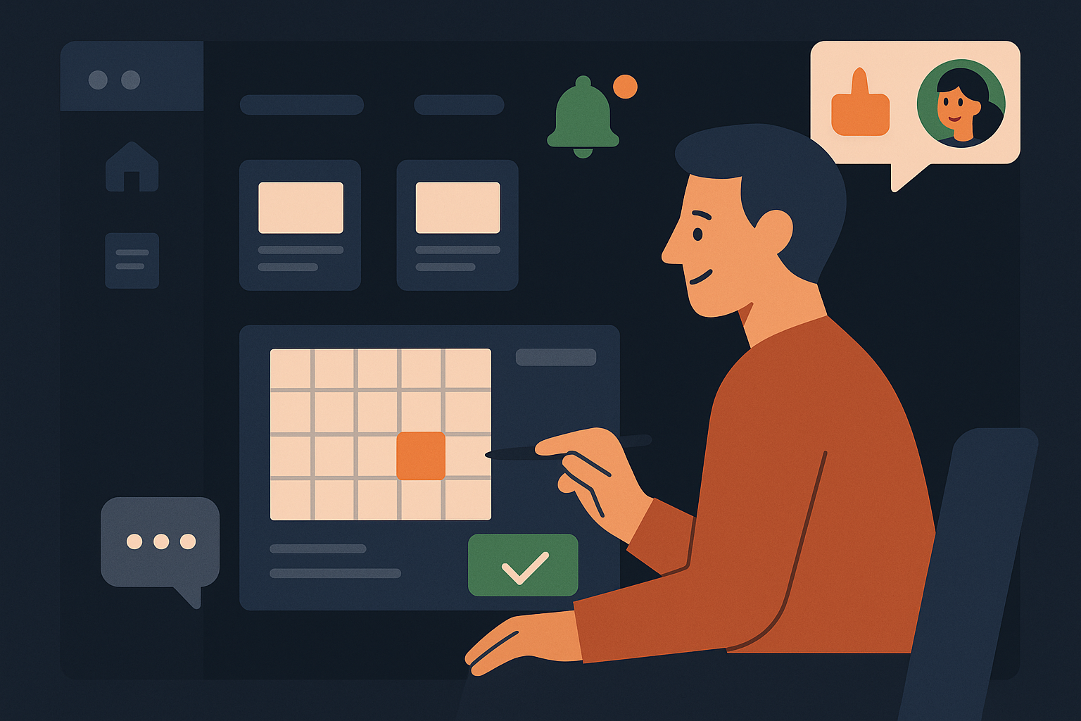 Illustration of marketer scheduling content in a dark mode user interface setting, with a relaxed mood.