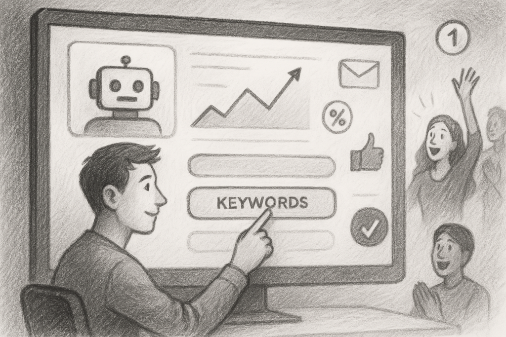 Illustration of user selecting keywords in a digital dashboard interface setting, with a inspired mood.