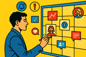 Illustration of marketer scheduling content in a sunlit content strategy wall setting, with a creative mood.