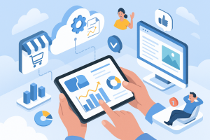 Illustration of hands on tablet showing analytics in a cloud-based frameworks setting, with a relaxed mood.