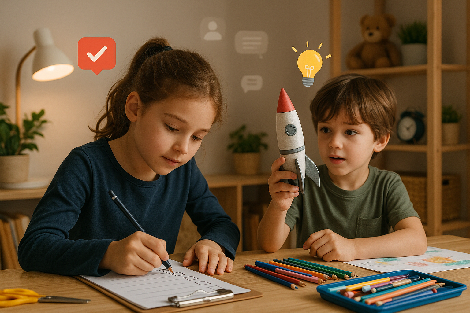 Illustration of kids exploring creative projects in a cozy learning corner setting, with a determined mood.