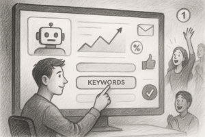 Illustration of user selecting keywords in a digital dashboard interface setting, with a inspired mood.