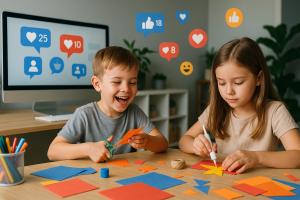 Illustration of kids creating crafts in a modern digital workspace setting, with a happy mood.