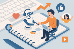 Illustration of ai bot assisting marketer in a keyboard and notebook flatlay setting, with a happy mood.