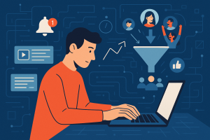 Illustration of person typing on laptop in a abstract tech patterns setting, with a focused mood.