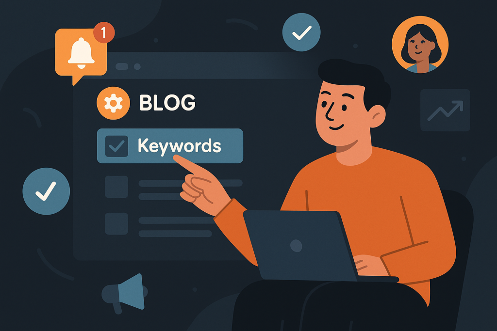 Illustration of user selecting keywords in a dark mode user interface setting, with a relaxed mood.