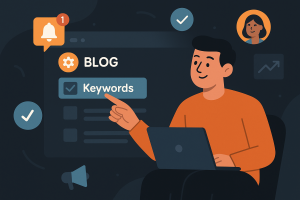 Illustration of user selecting keywords in a dark mode user interface setting, with a relaxed mood.