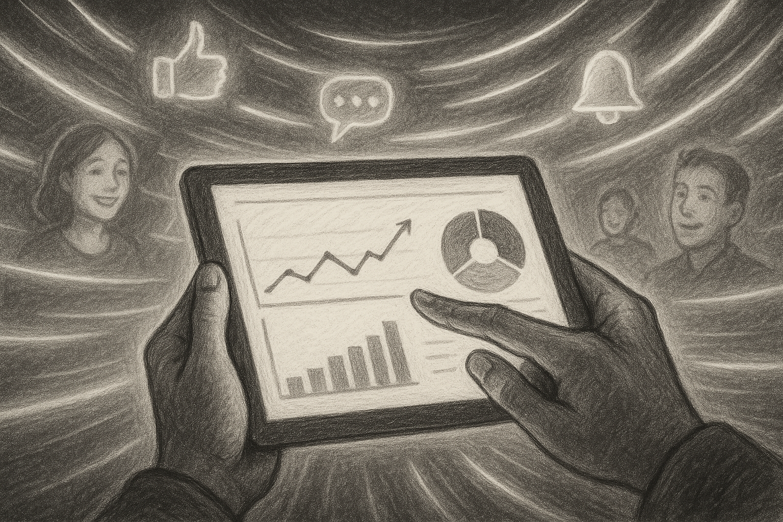 Illustration of hands on tablet showing analytics in a neon data streams setting, with a relaxed mood.