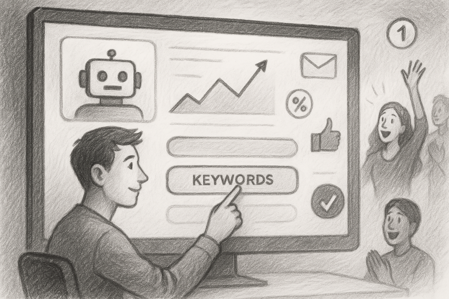 Illustration of user selecting keywords in a digital dashboard interface setting, with a inspired mood.