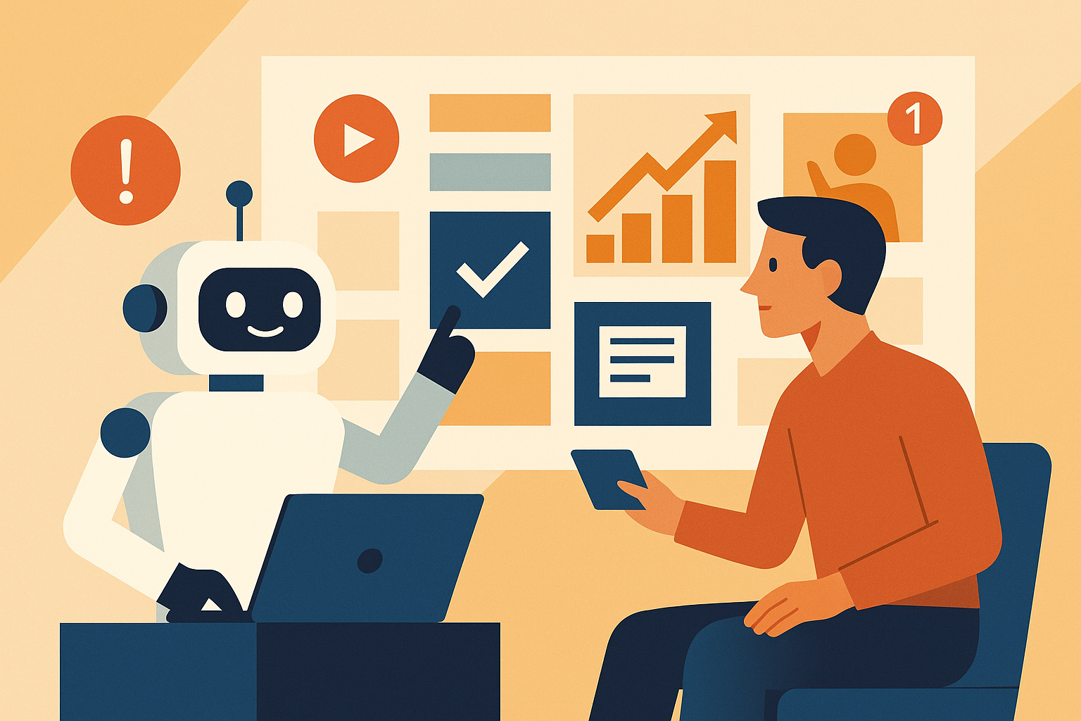 Illustration of ai bot assisting marketer in a sunlit content strategy wall setting, with a focused mood.