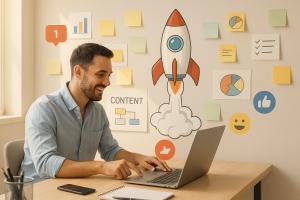 Illustration of individual launching campaign in a sunlit content strategy wall setting, with a relaxed mood.