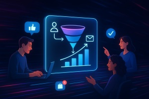 Illustration of graphic showing blog post flow in a neon data streams setting, with a relaxed mood.