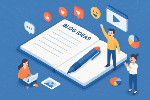 Illustration of open notebook with blog ideas in a abstract tech patterns setting, with a happy mood.