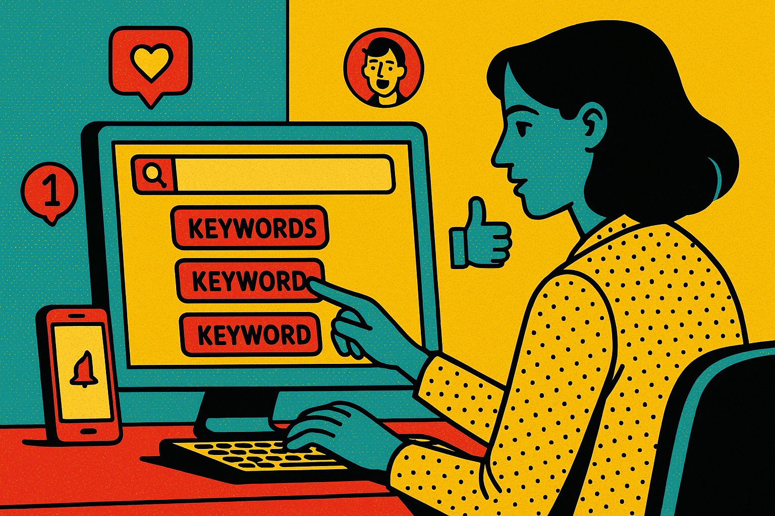 Illustration of user selecting keywords in a minimal office desk setting, with a focused mood.